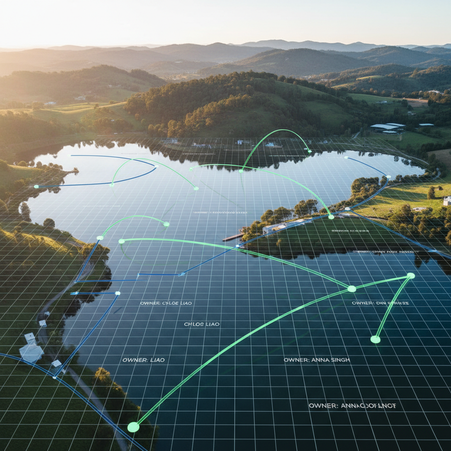 Aerial view of a lake with data overlay showing property lines and connections
