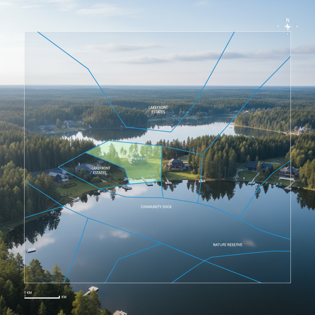 Aerial view of a lake with a digital map overlay showing property lines.